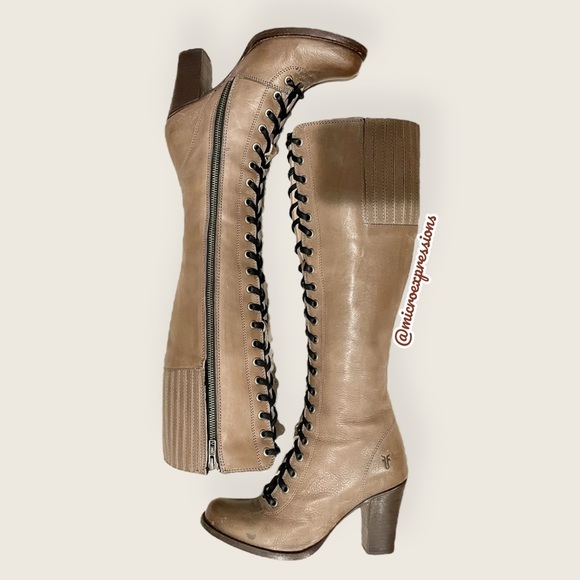 $599 Frye Julia Tall Lace Up Tan Beige Real Leather Military Zip Up Heeled Boots - Picture 12 of 14